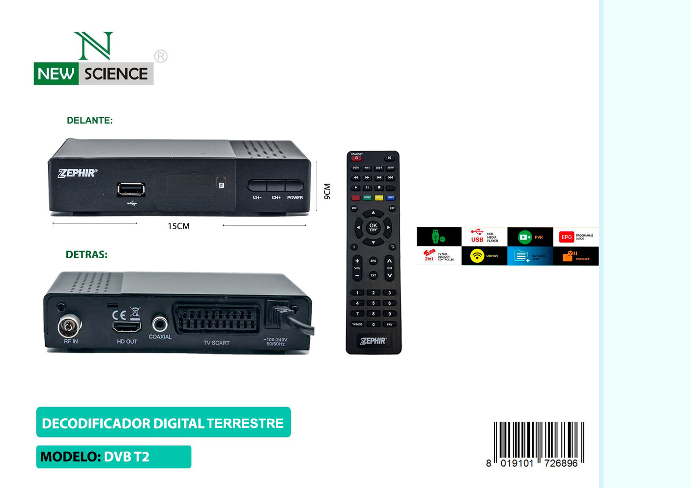 Decodificador Terrestre DVB T2, Marca Zephyr