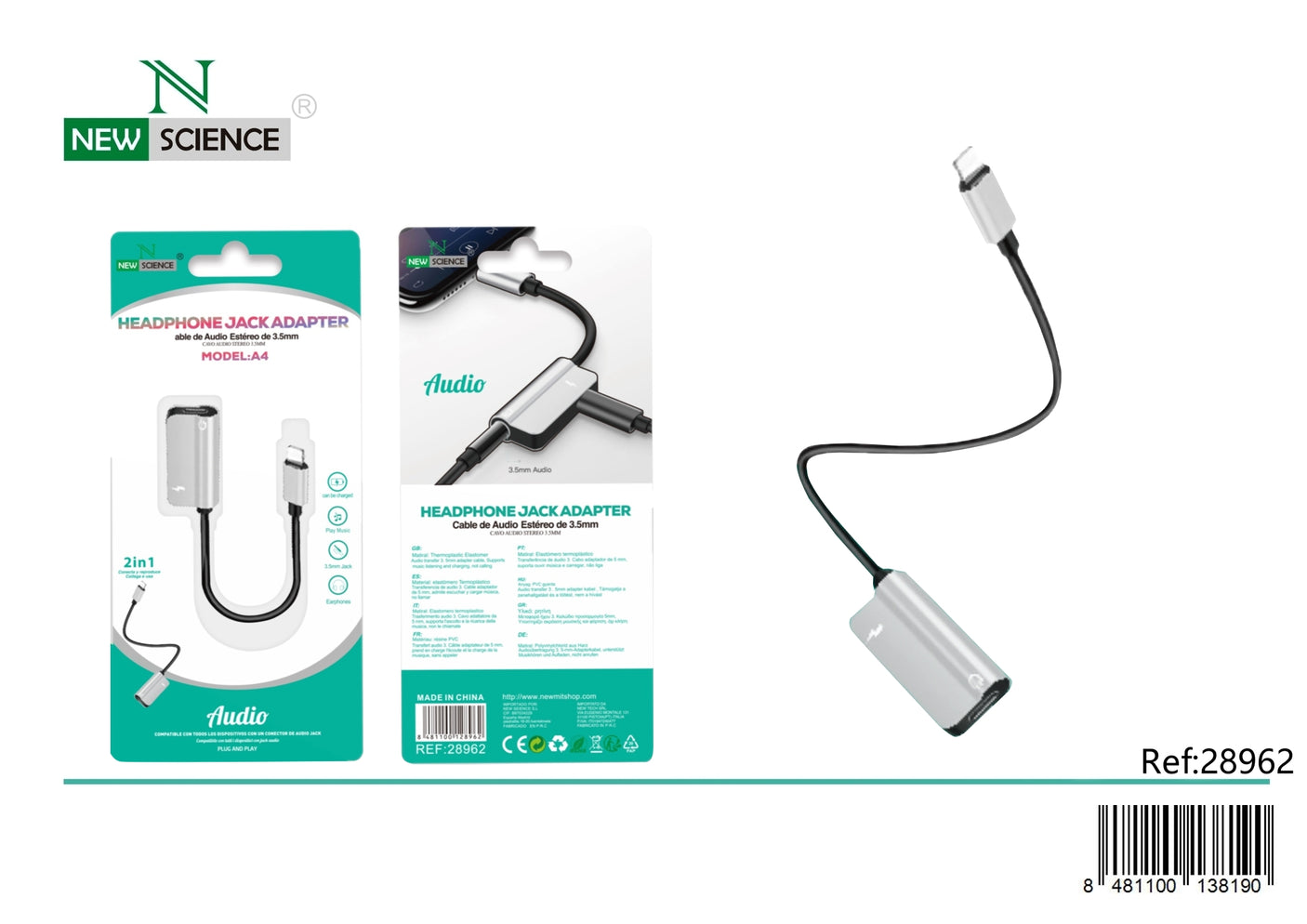 Adaptador Auricular Lightning a Jack y Carga A4