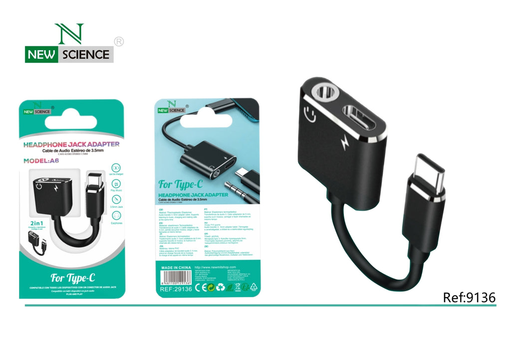 Adaptador Auricular Type C a 3.5mm Jack y Carga A6