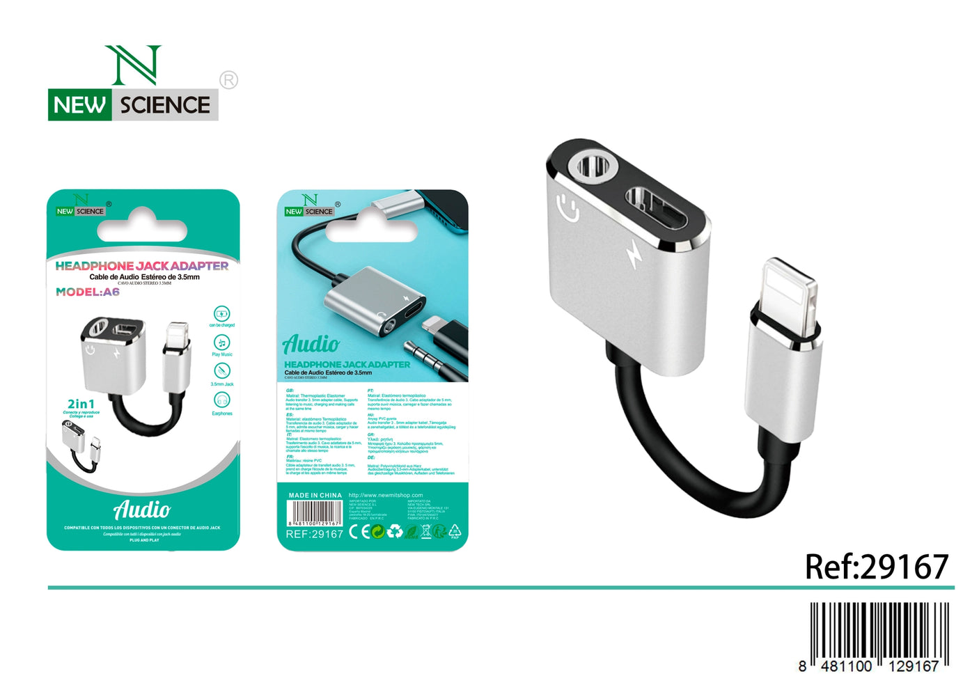 Adaptador Auricular Lightning a Jack y Carga A6