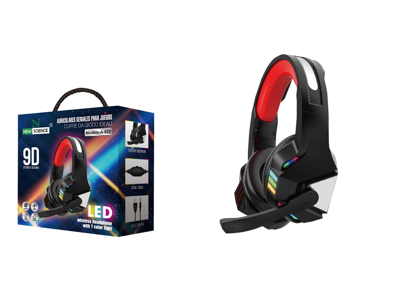 Fones de ouvido para jogos LED RGB com cabo USB A-622