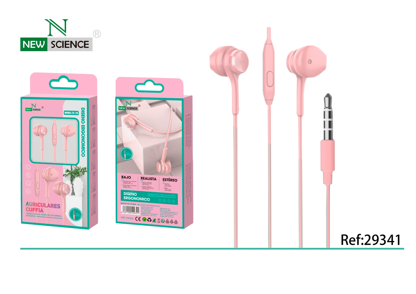 Fones de ouvido Jack 3,5 mm TC-20 rosa