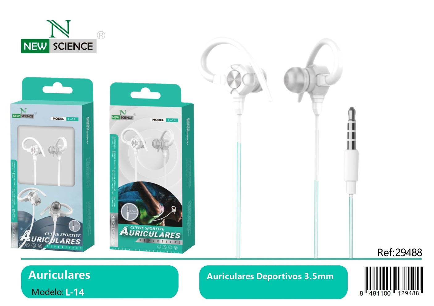 Fones de ouvido esportivos com cabo Jack 3,5 mm L-14