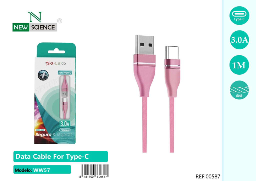 Cable USB a Type C 2.4A 1M WW57 Rosa