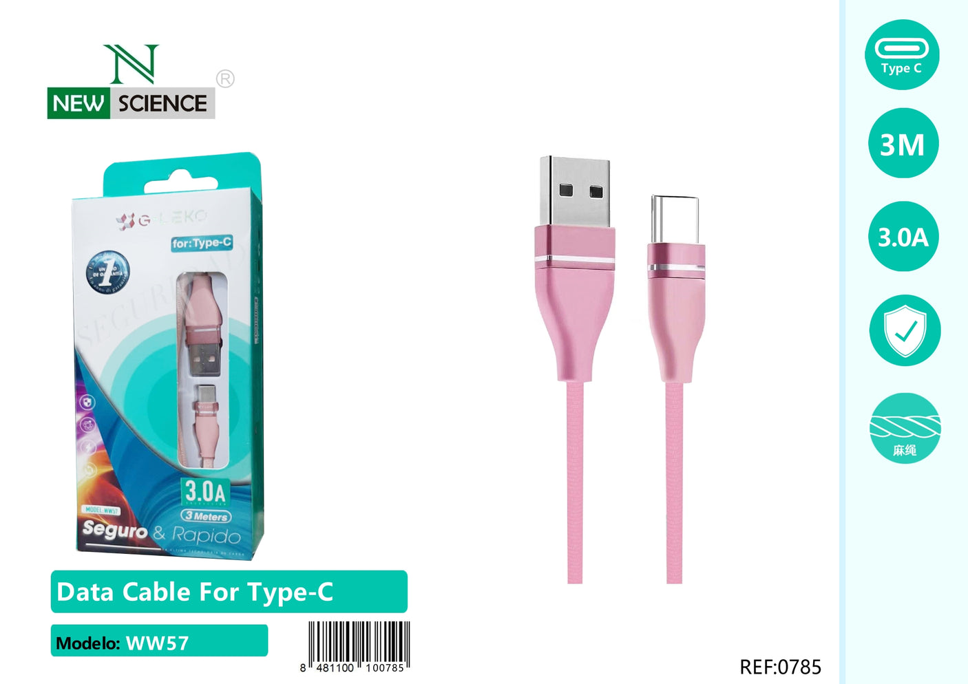 Cable USB a Type C 2.4A 1M WW57 Rosa