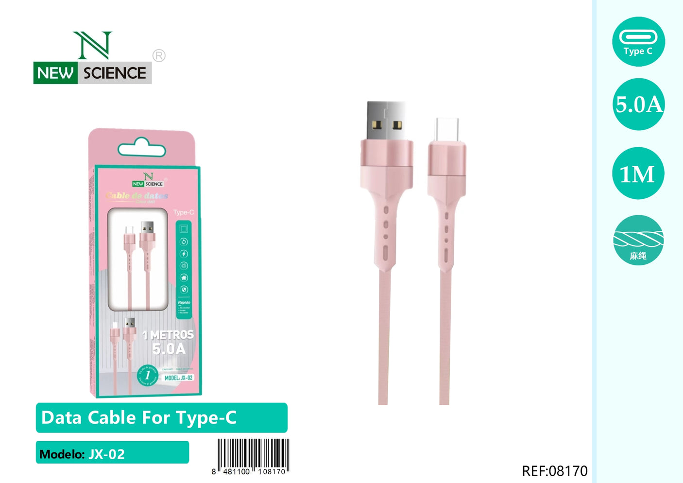 Cable USB a Type C 5A 1M JX-02