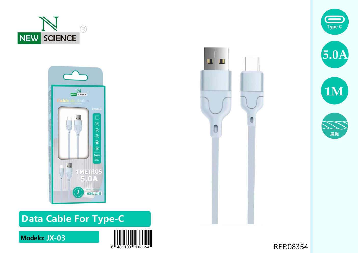 Cable USB a Type C 5A 1M JX-03