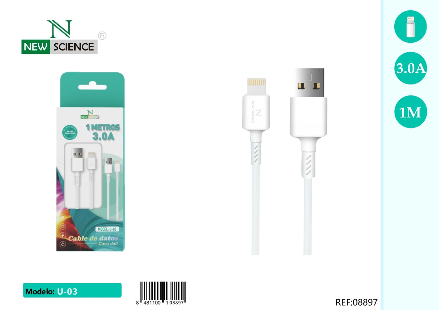 Cable USB a iPhone 3A 1M U-03