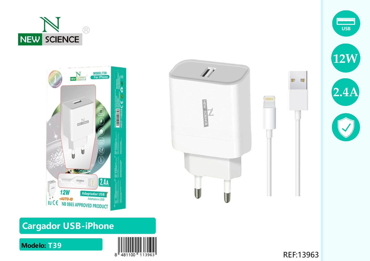 Cargador USB a iPhone 2.4A/12W T39