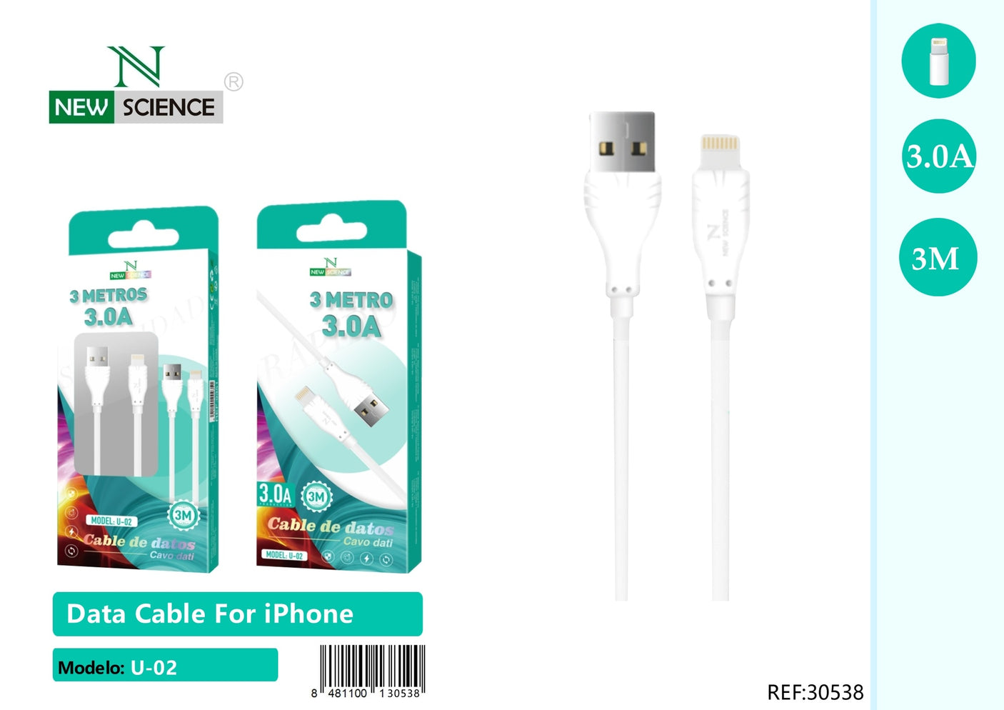 Cable USB a iPhone 3A U-02