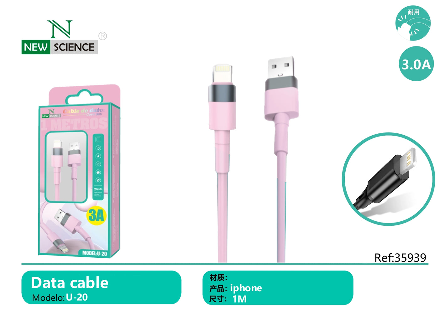 Cabo USB para iPhone 3A 1M U-20