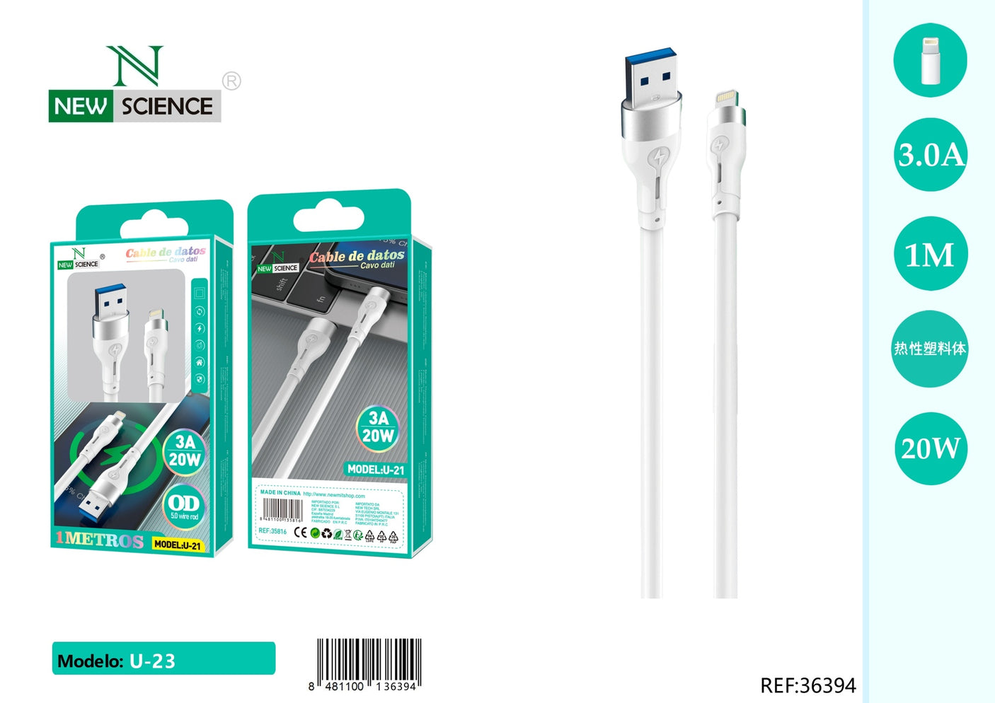 Cable USB a iPhone 3A/20W 1M U-21