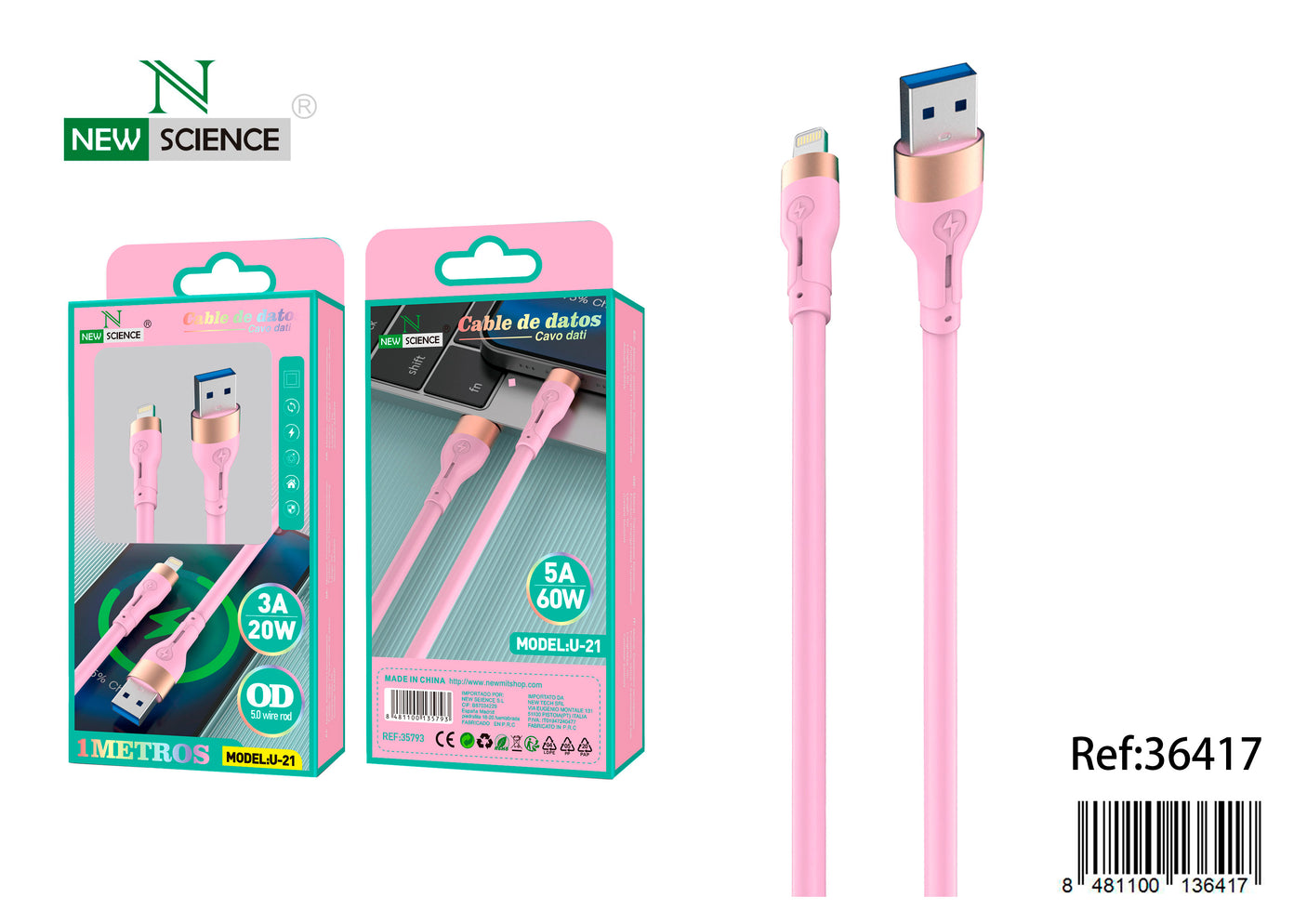 Cable USB a iPhone 3A/20W 1M U-21