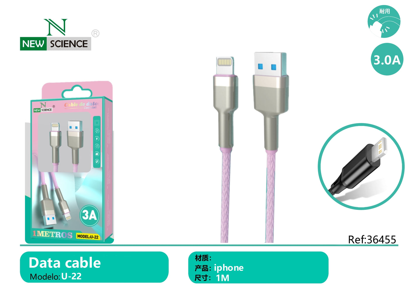 Cable USB a iPhone 3A 1M U-22