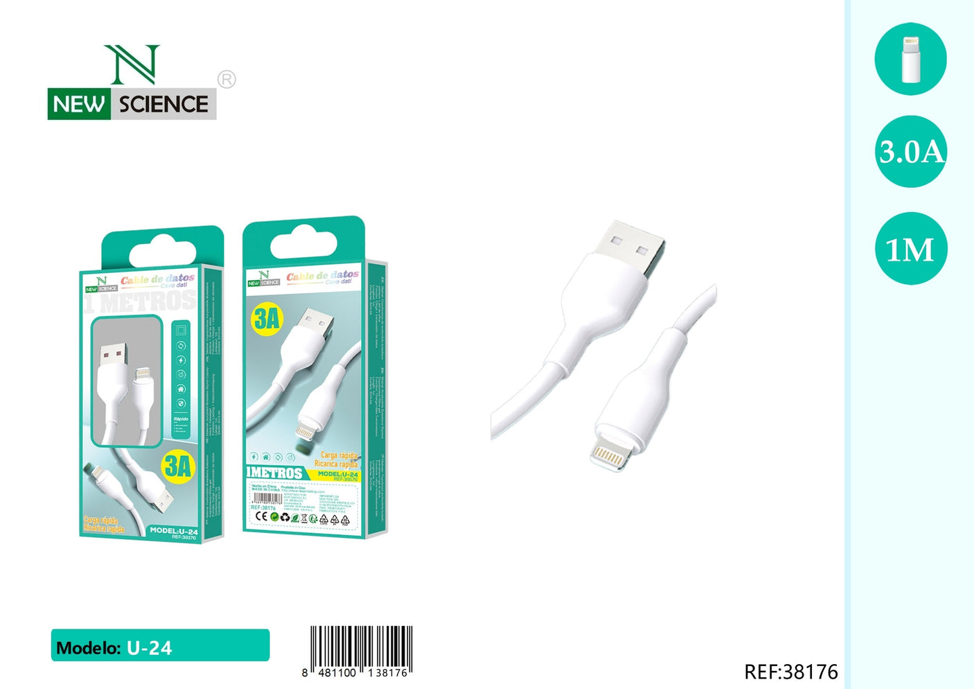 Cabo USB para iPhone 3A 1M U-24