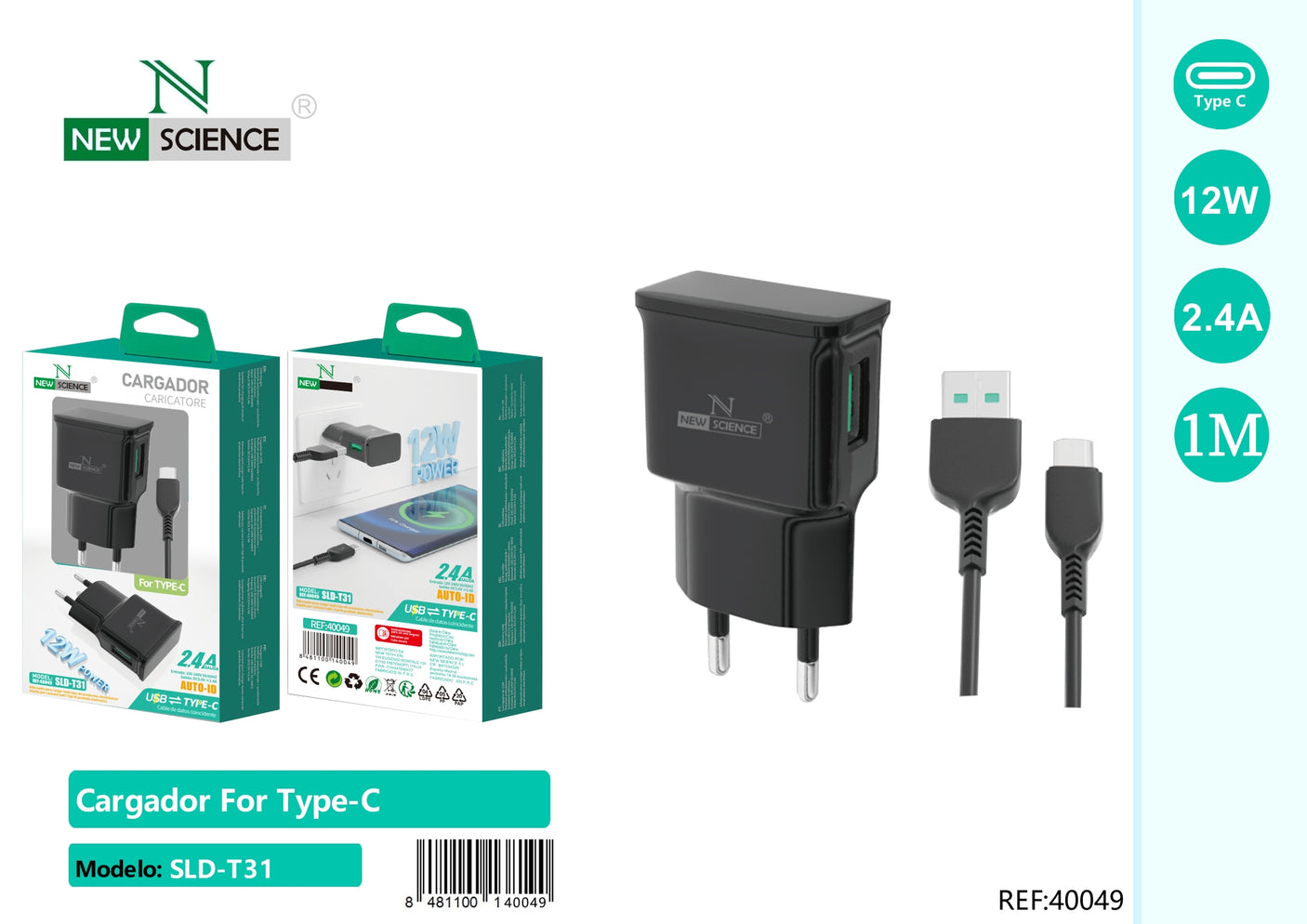 Carregador USB para Tipo C 2.4A/12W SLD-T31