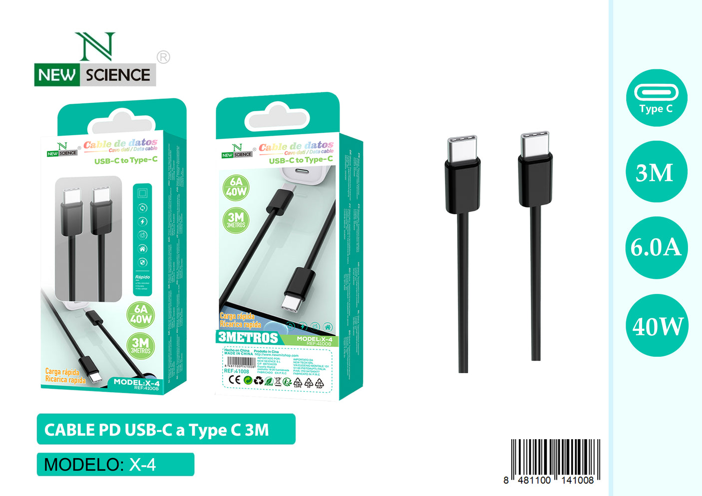 Cabo PD USB-C para Tipo C 40W X-4