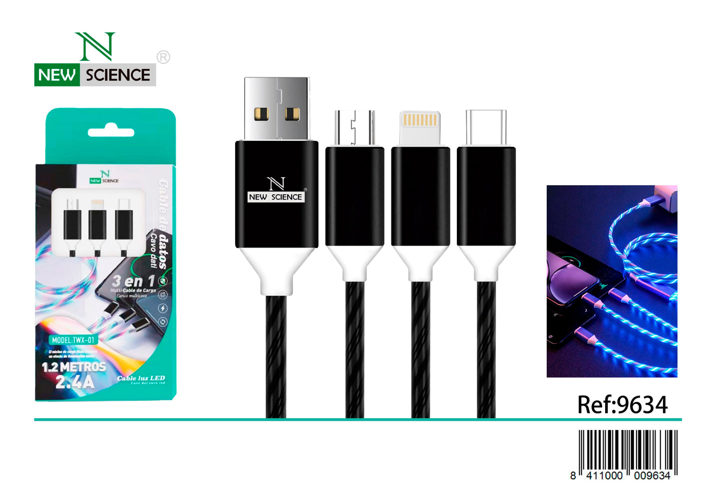 Cable USB LED 3en1 a iPhone/Type C/Micro 3A TWX-01