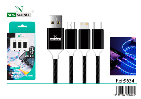 Cabo USB LED 3 em 1 para iPhone/Tipo C/Micro 3A TWX-01