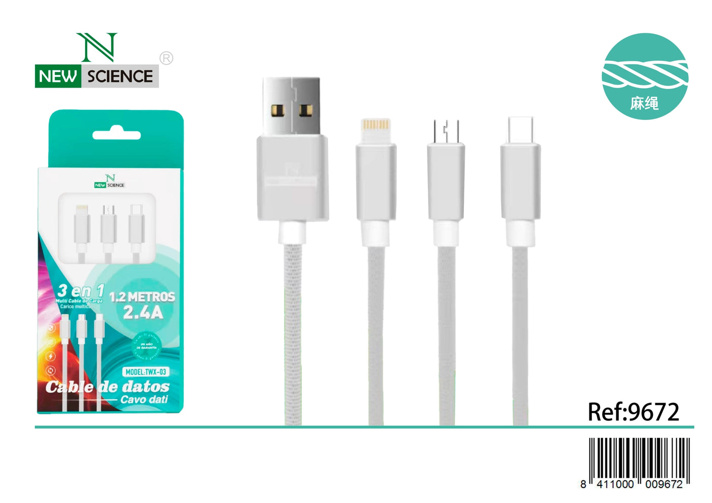 Cabo USB 3 em 1 para iPhone/Tipo C/Micro 3A TWX-03