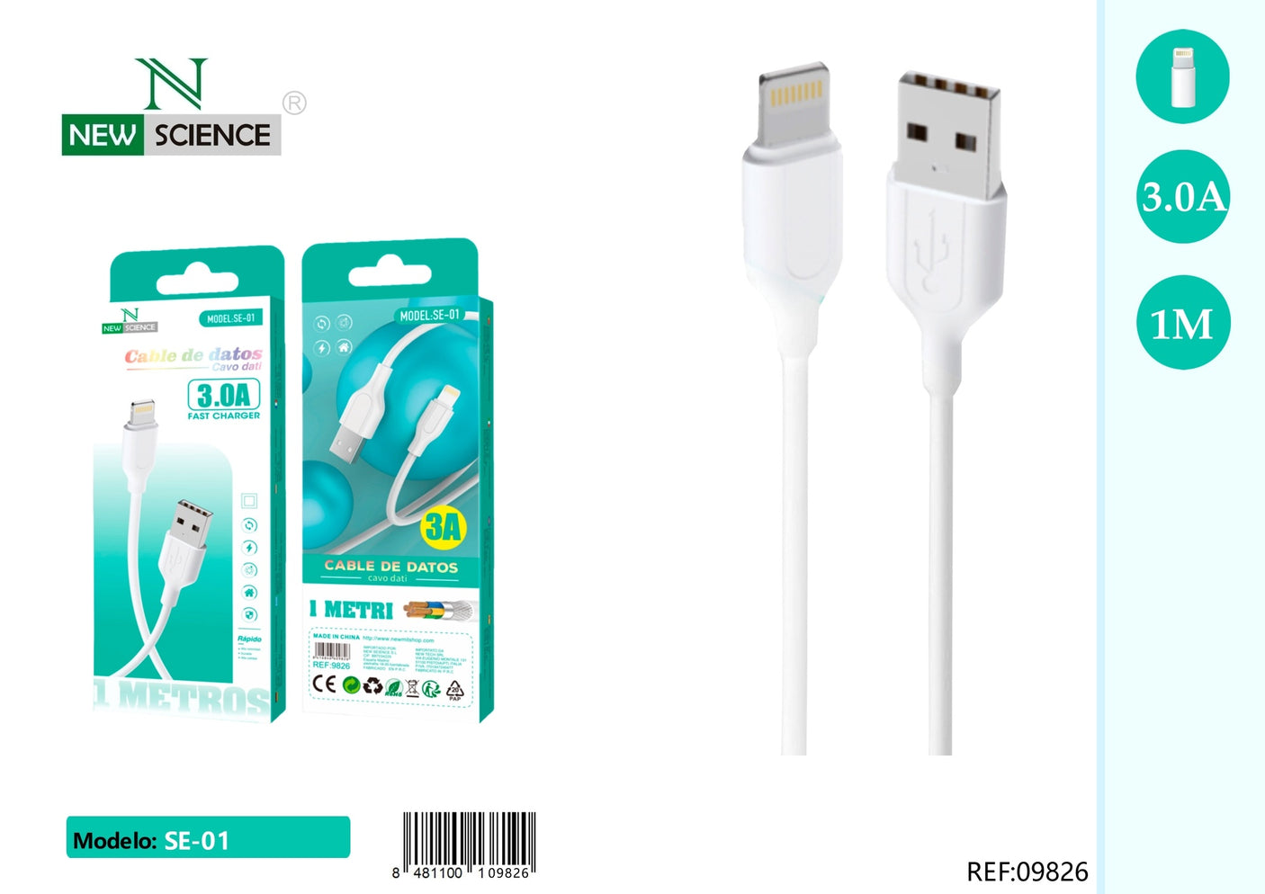 Cabo USB para iPhone 3A 1M SE-01