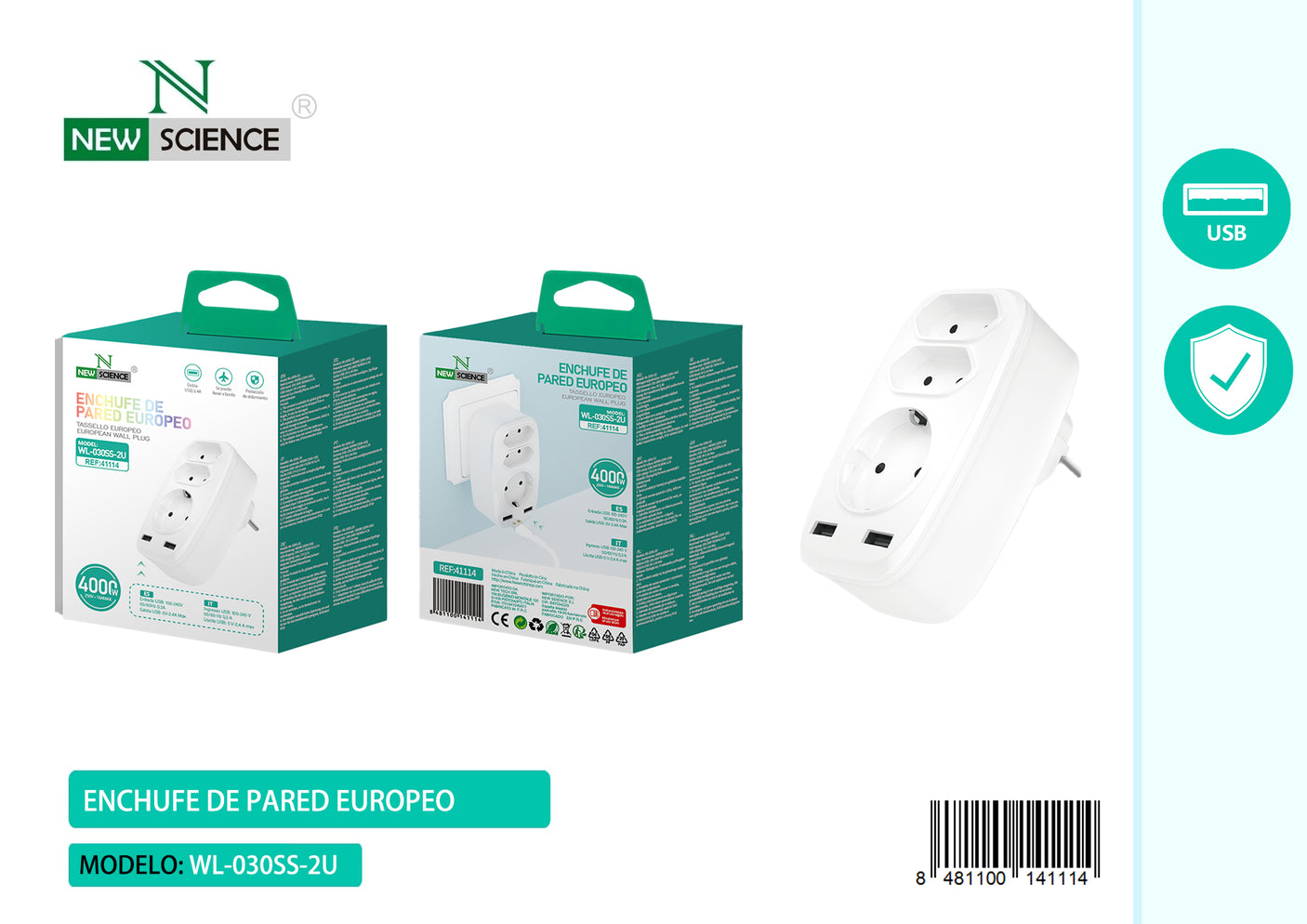 Thief Triple Wall Socket with 2USB WL-030SS-2U