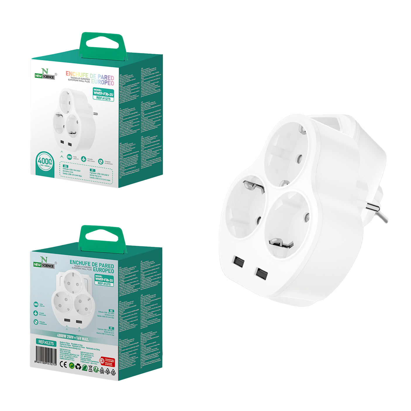 Ladrón Enchufe de Pared Triple con 2USB WW09-F3b-2U